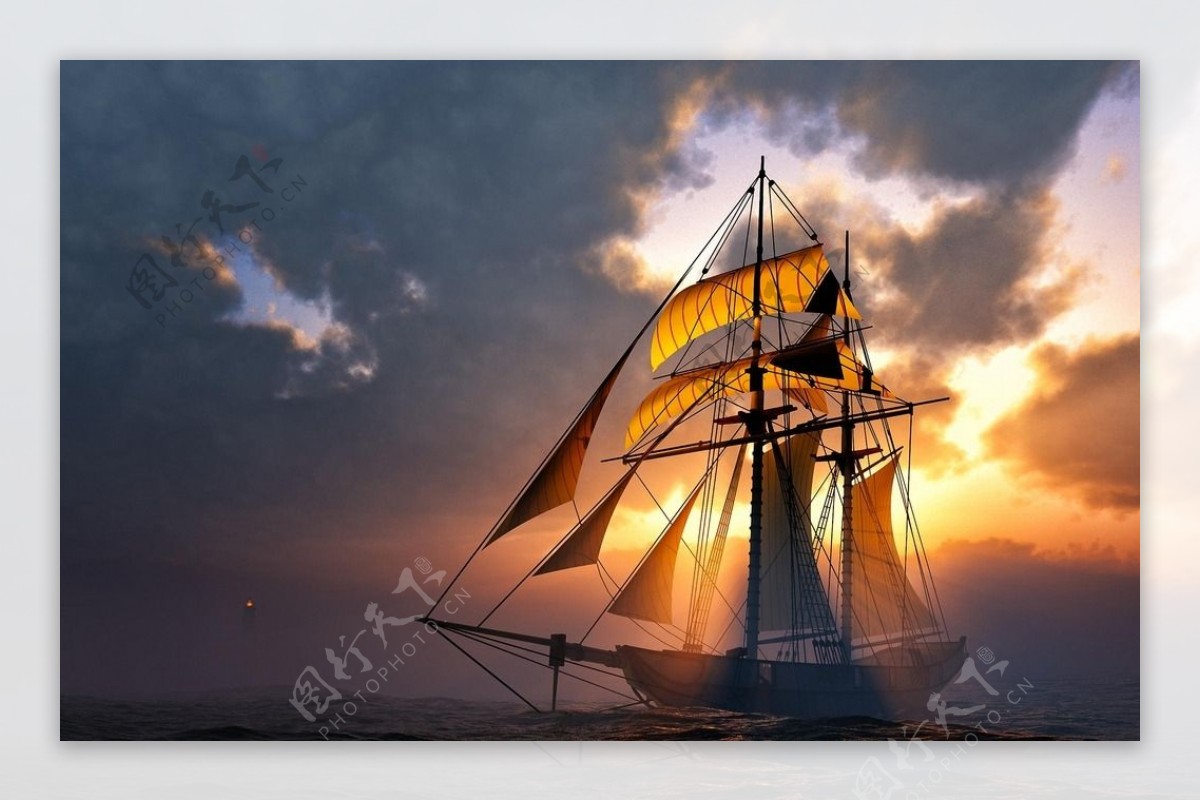 夕阳航行的帆船