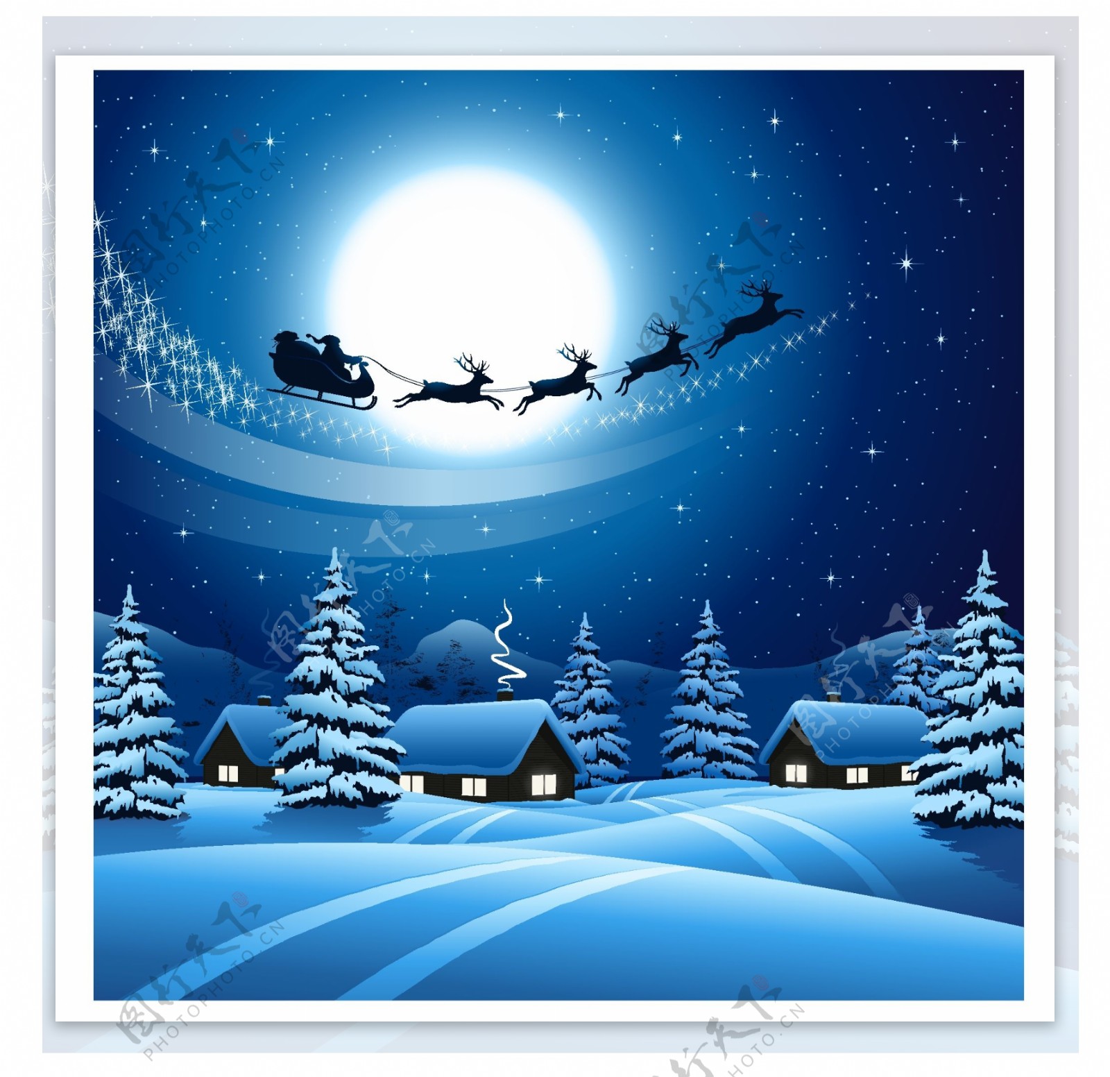 麋鹿雪橇圣诞老人雪景房屋圣诞树