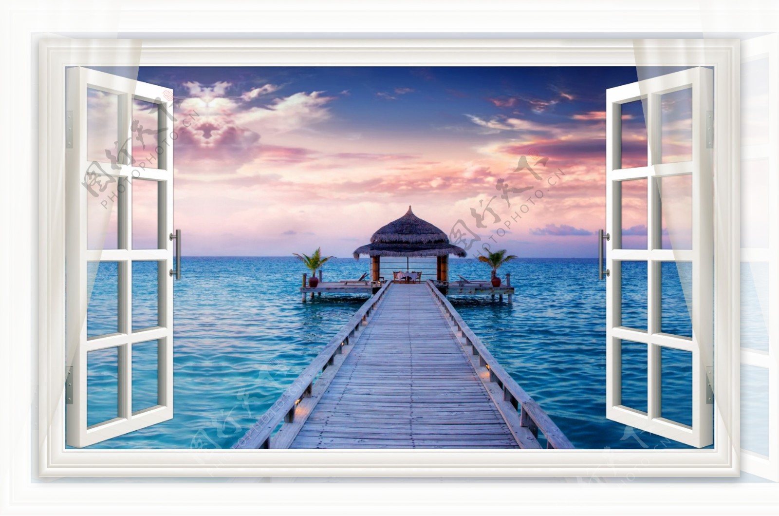 3D窗户木桥海景