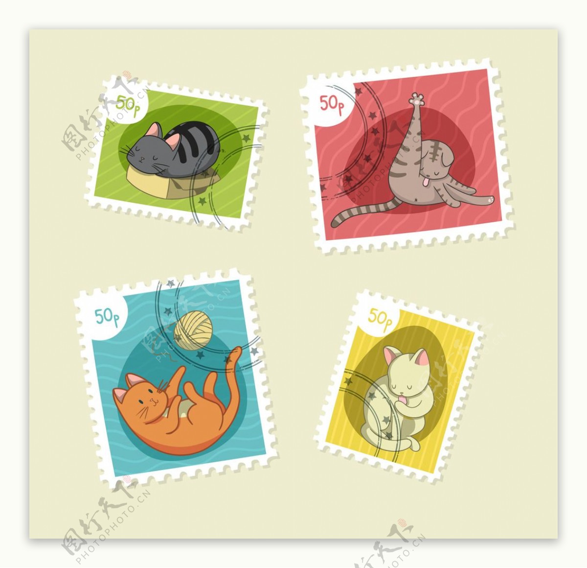 手绘美丽的猫邮票