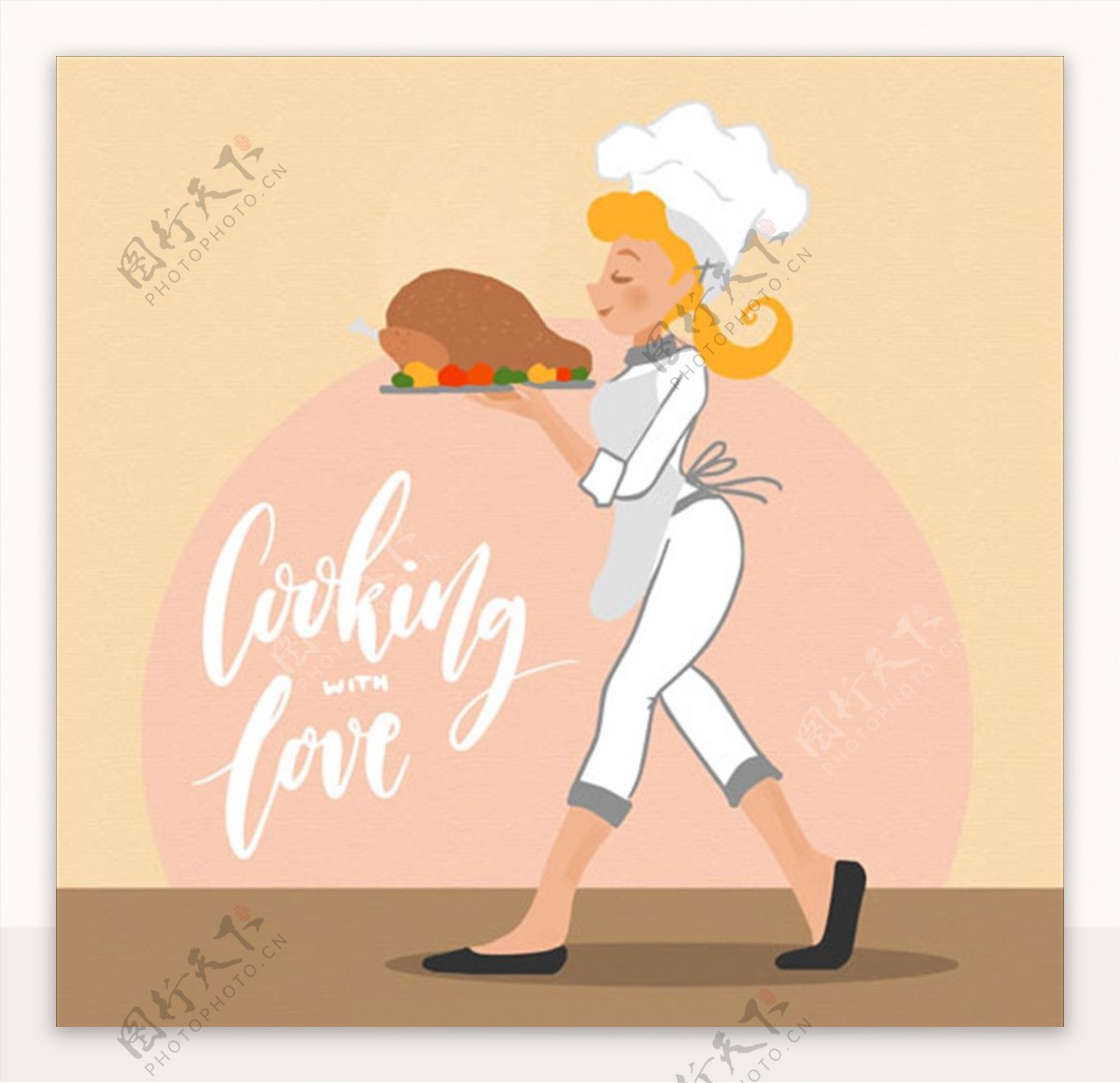 卡通端着菜肴的女厨师