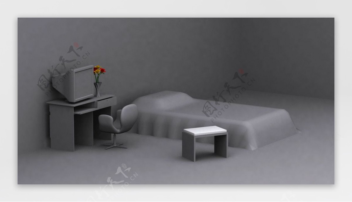 室内卧室场景素模渲染图