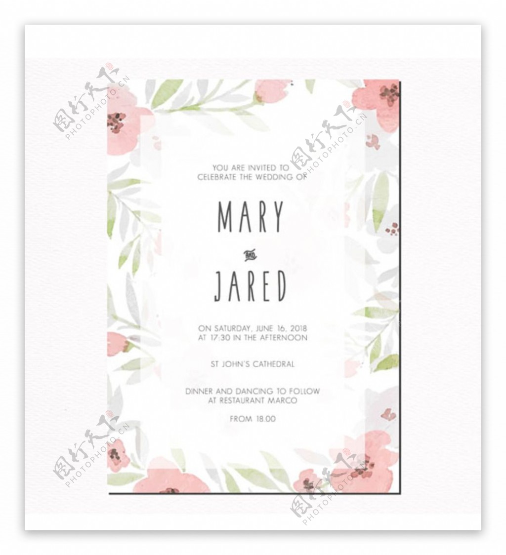 树叶和粉红色花朵婚礼邀请卡