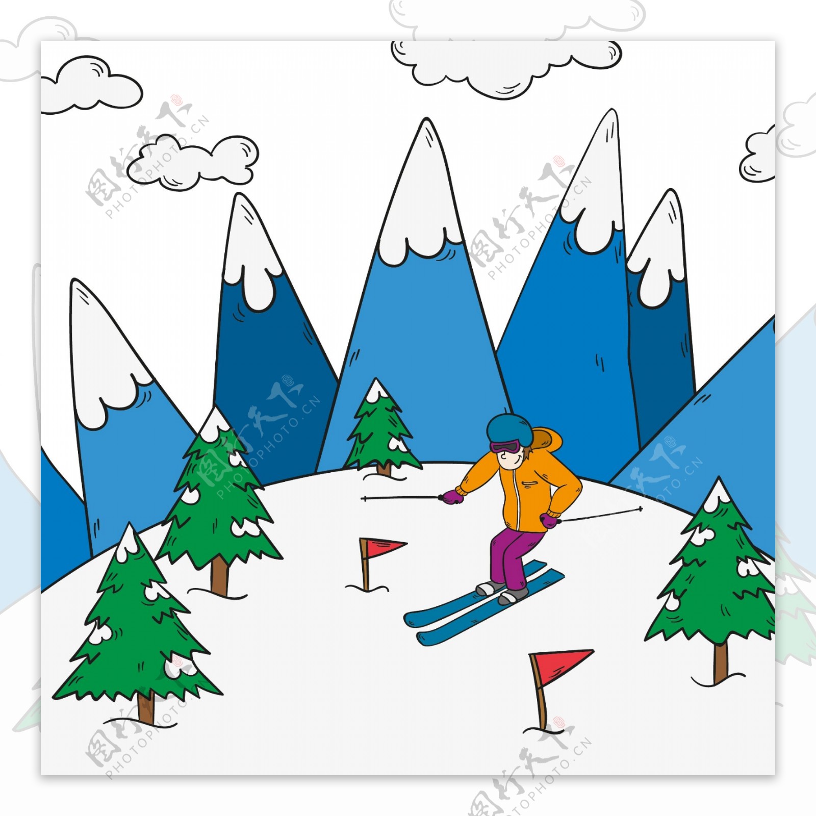 卡通简笔滑雪海报