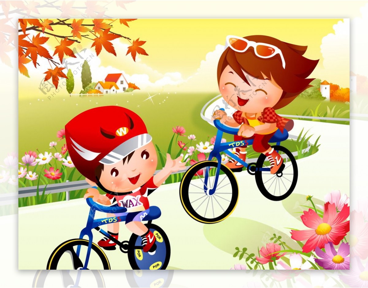 卡通儿童自行车赛矢量图