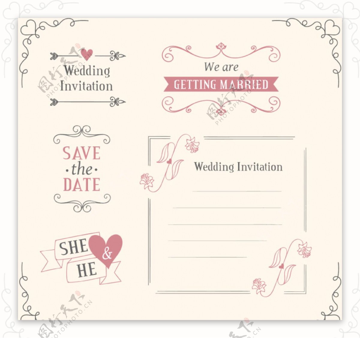 5款婚礼花纹标签矢量素材