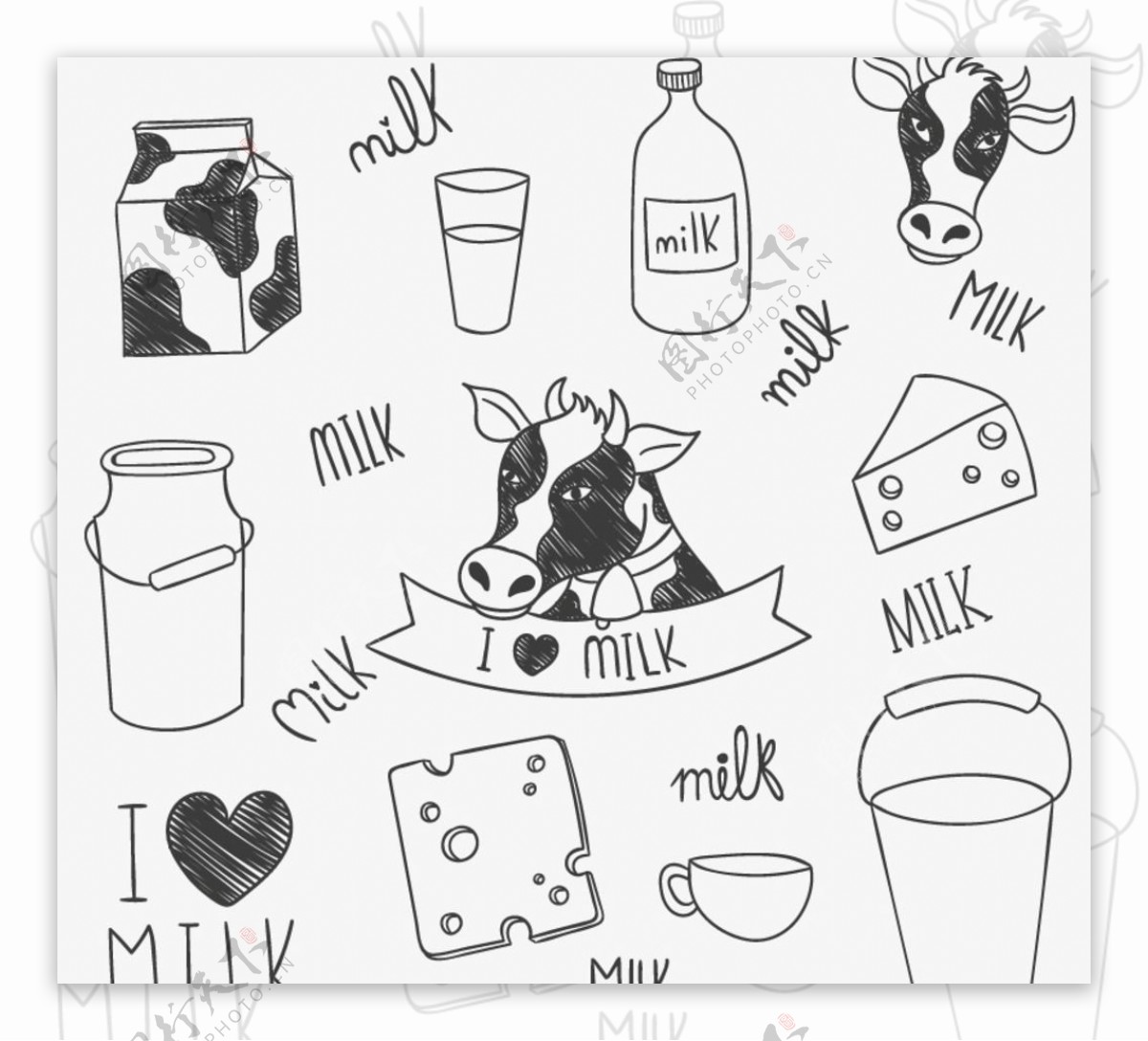 11款手绘奶牛与牛奶制品矢量