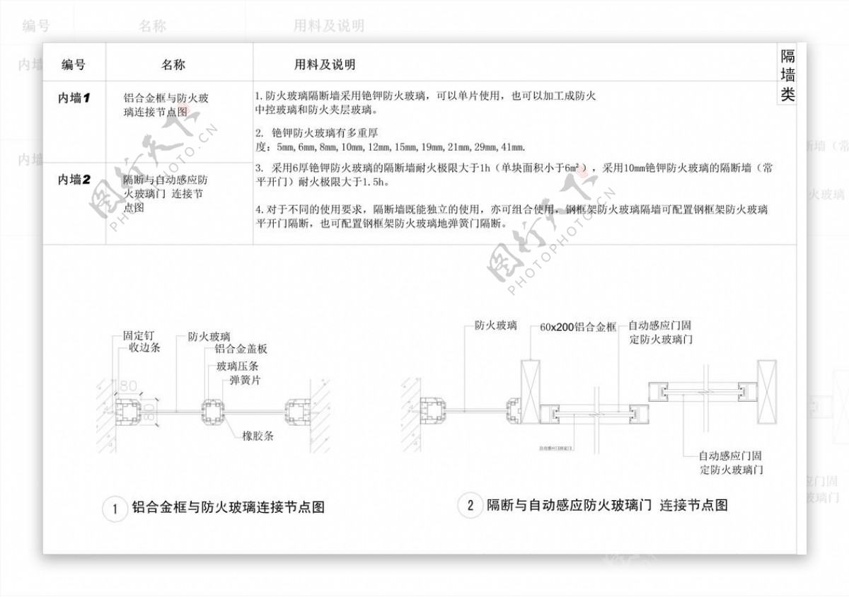 铝合金框与防火玻璃cad剖面图