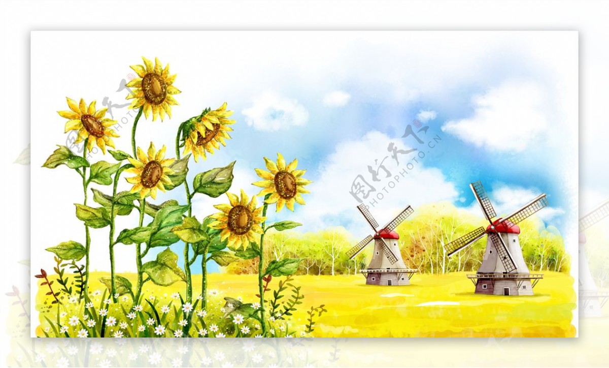 手绘荷兰风车向日葵