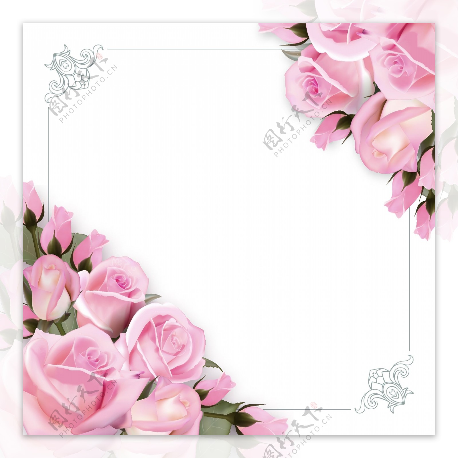 唯美欧式粉红色玫瑰花朵边框花边
