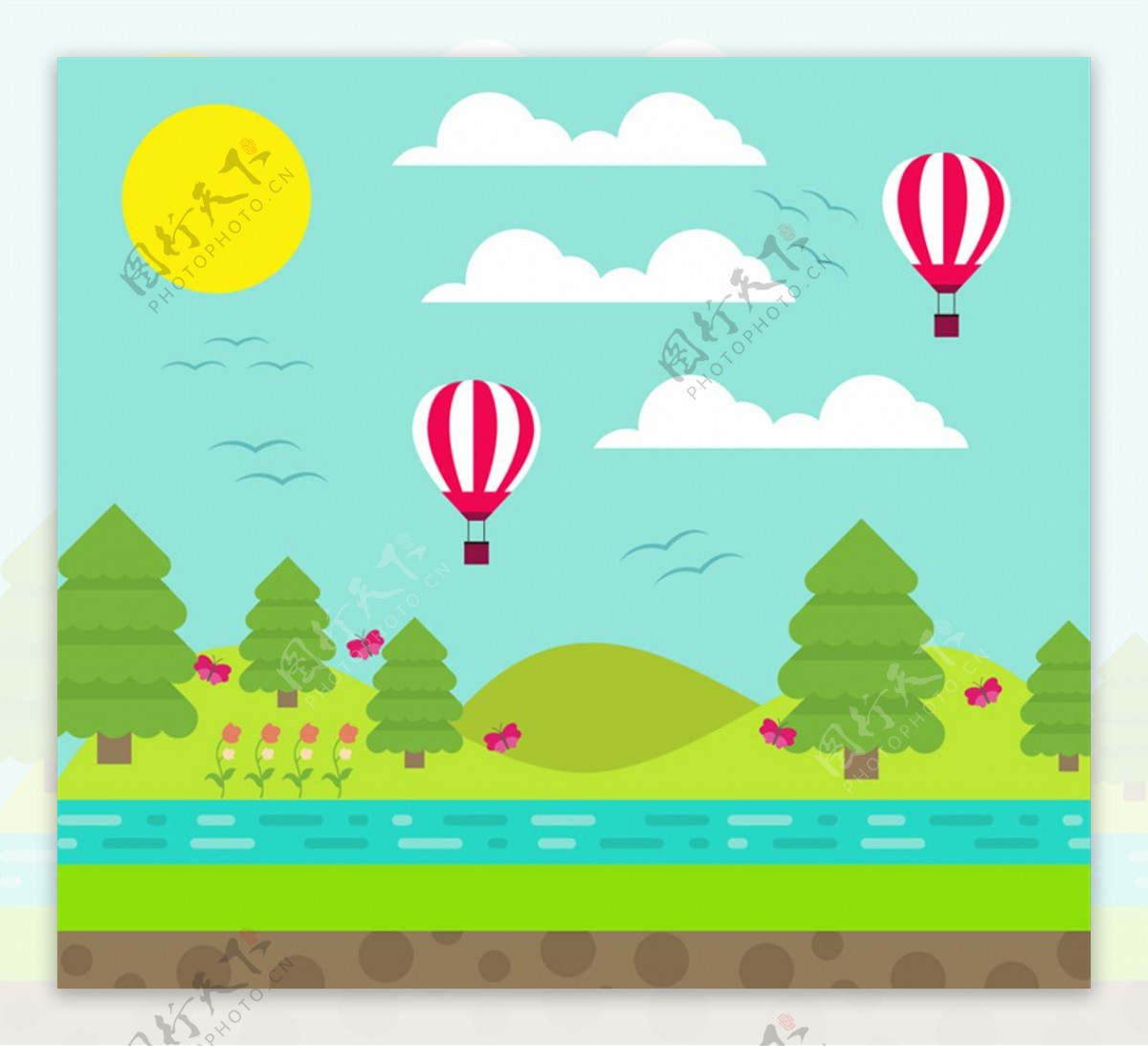 创意郊外热气球和河边风景