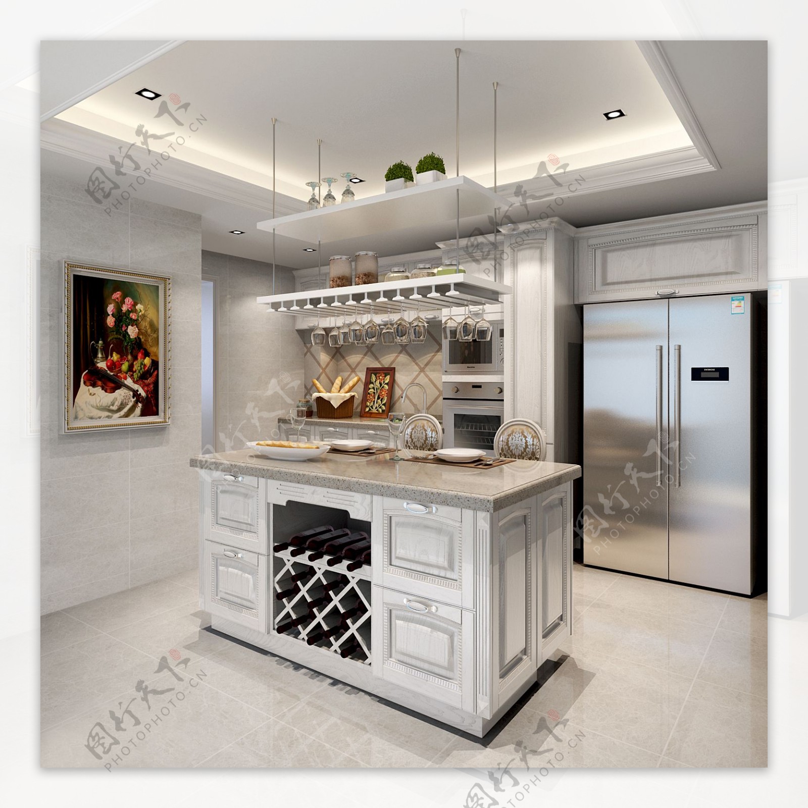 白色厨房3D图