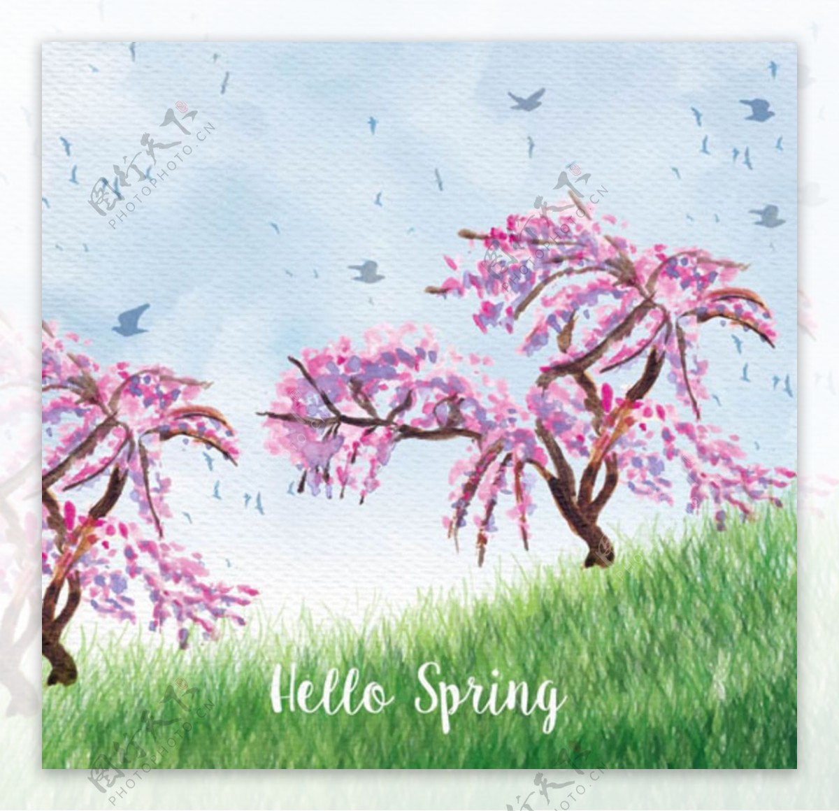 手绘水彩春季草地樱花树