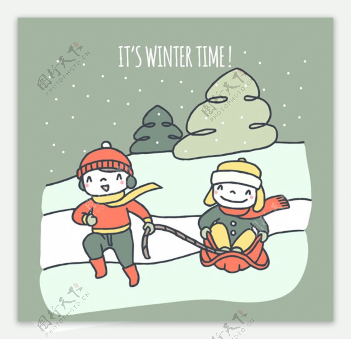 卡通圣诞节玩雪撬的孩子