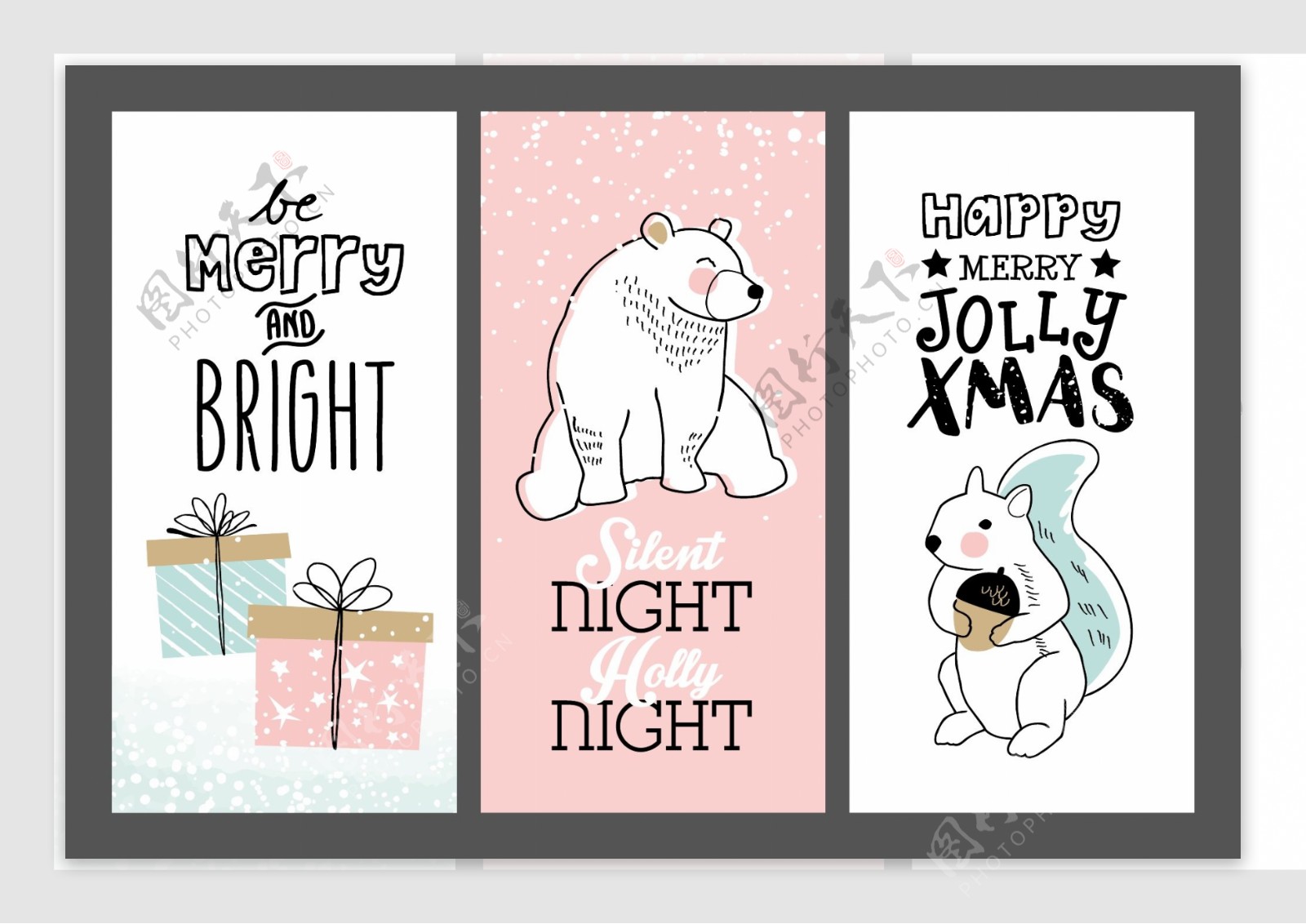 可爱卡通动物贺卡线稿圣诞节创意卡片矢量