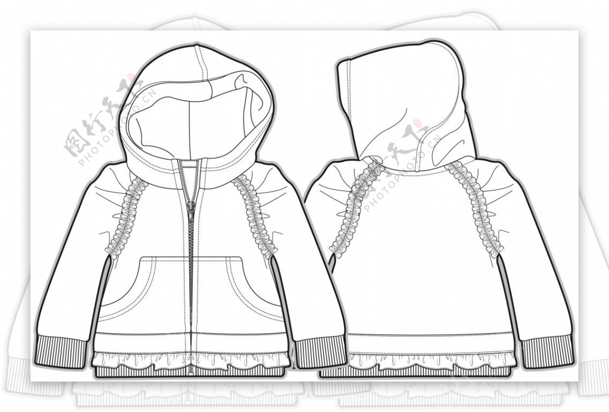 连帽外套小女孩服装设计线稿素材