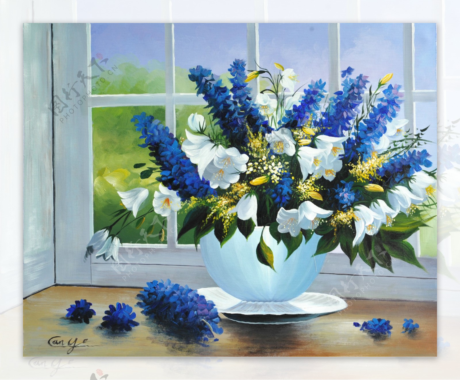 手绘蓝色白色花朵静物装饰画