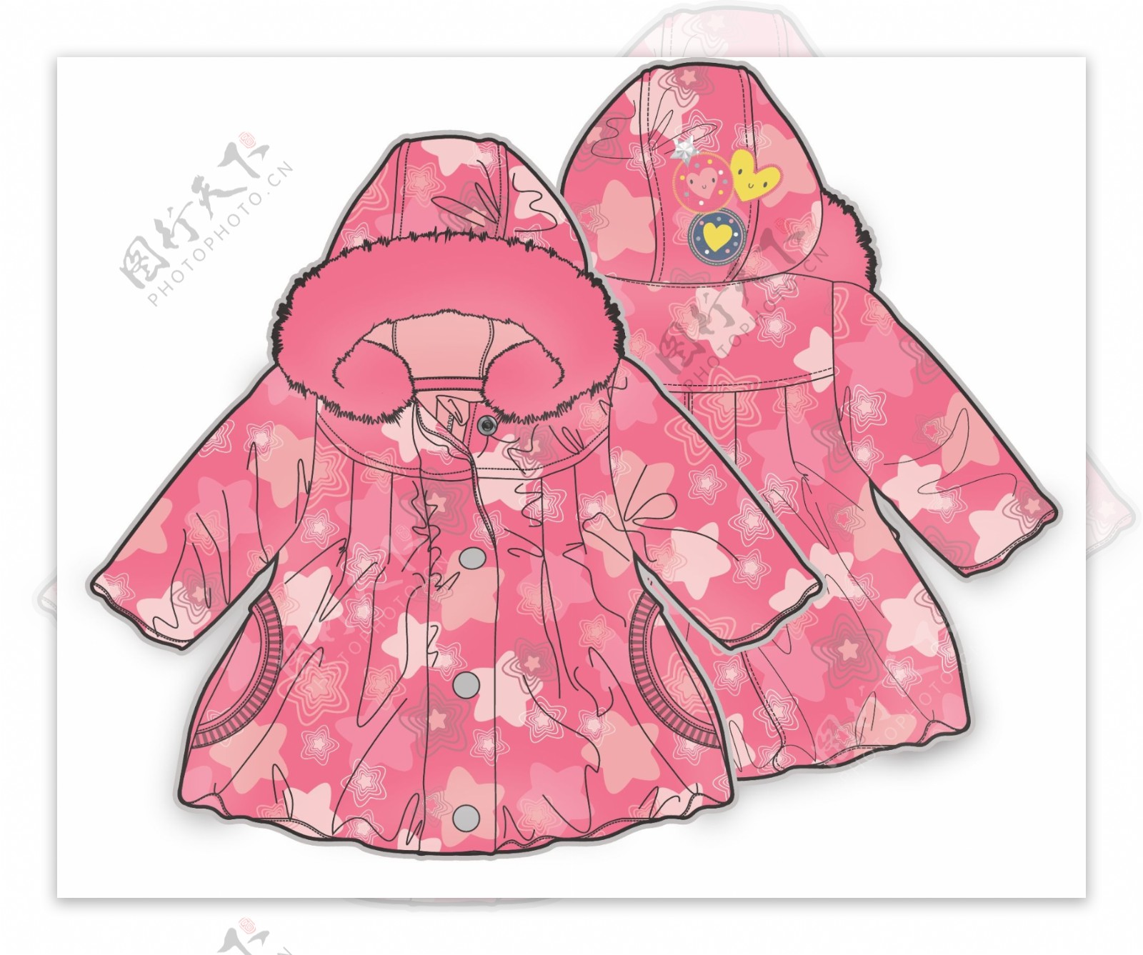 粉色棉衣女宝宝服装设计彩色原稿矢量素材