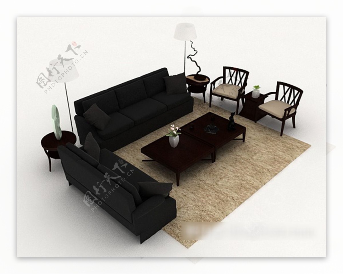 简约家具黑色组合沙发3d模型下载