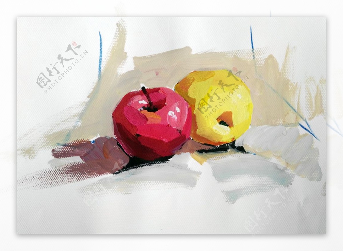红黄苹果绘画静物装饰画