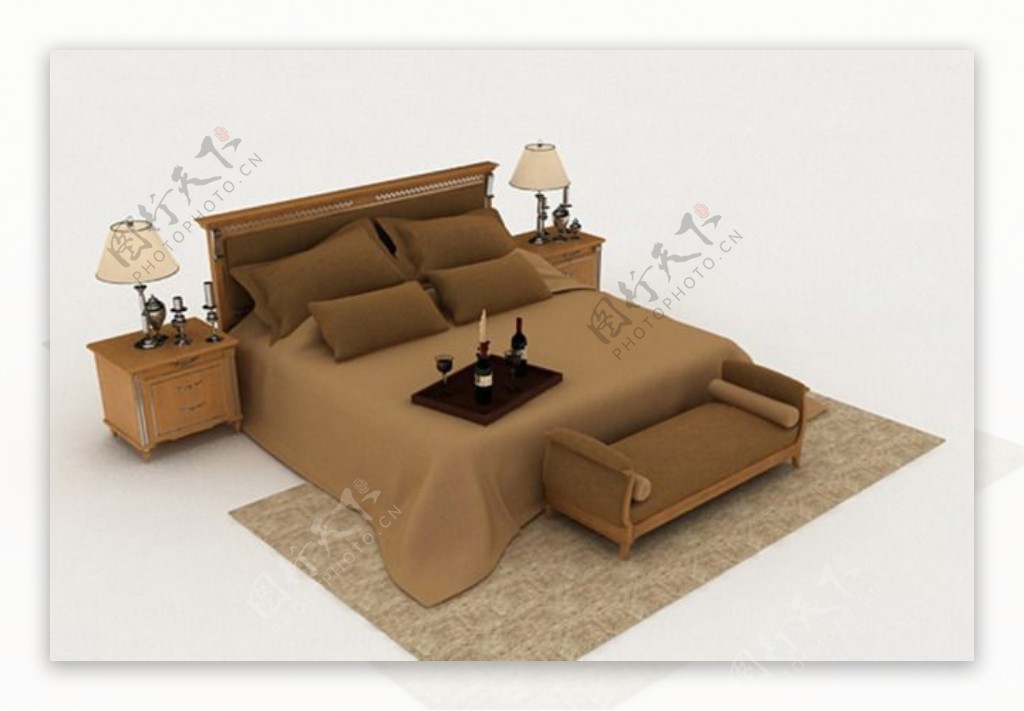 现代棕色家居双人床3d模型下载