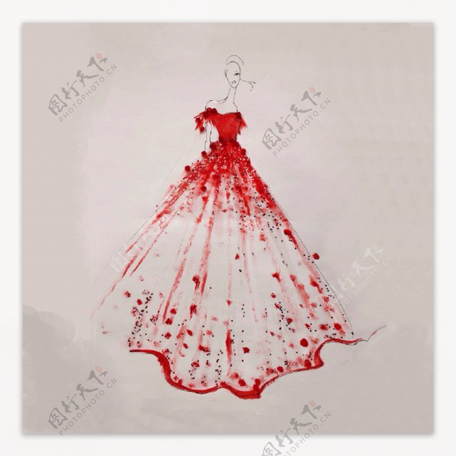 红色花纹礼服设计图