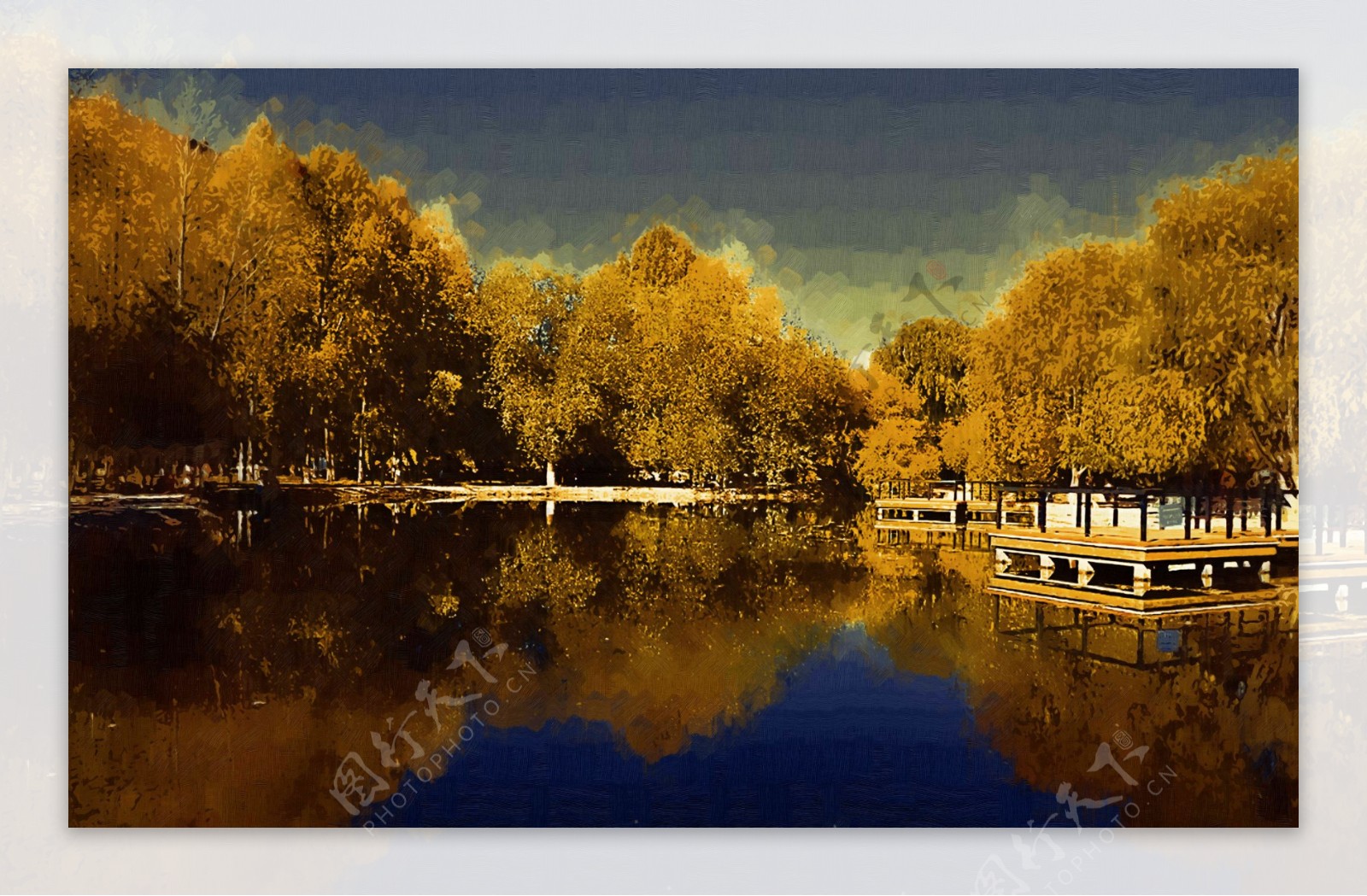 池塘边风景油画图片