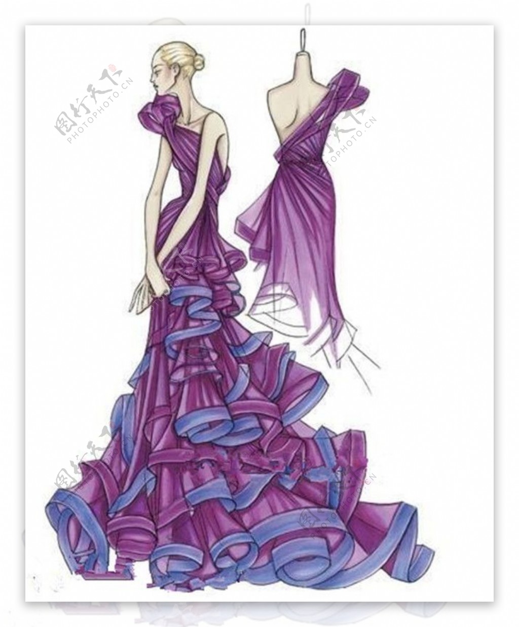 紫色单肩波浪长裙设计图
