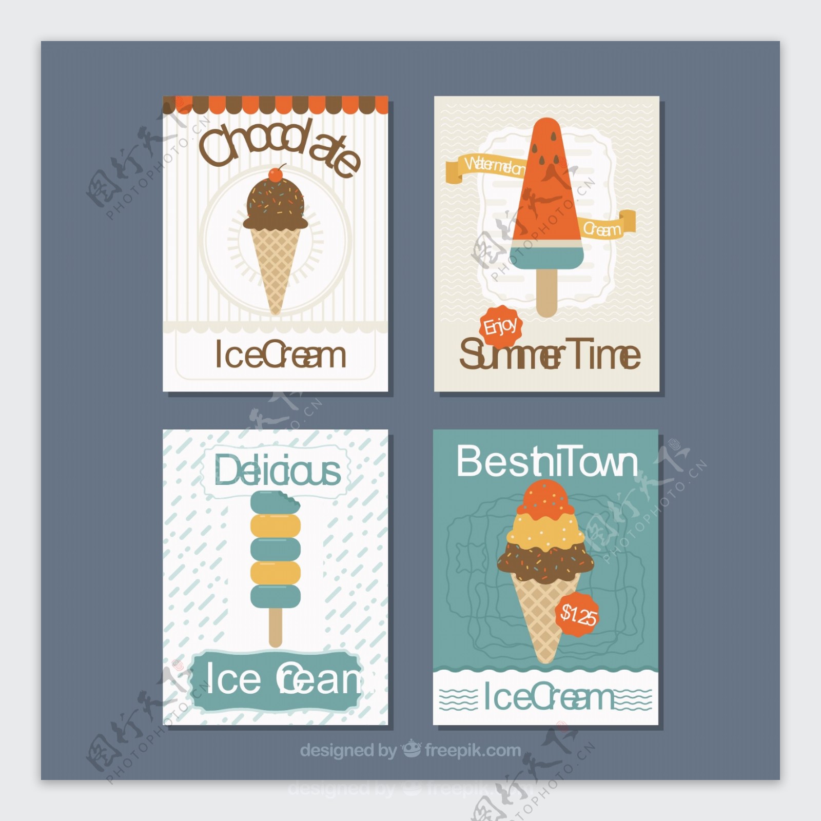 各种美味冰淇淋插图卡片背景