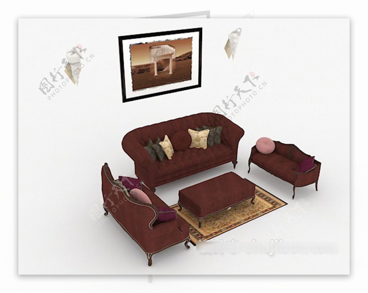欧式红色组合沙发3d模型下载