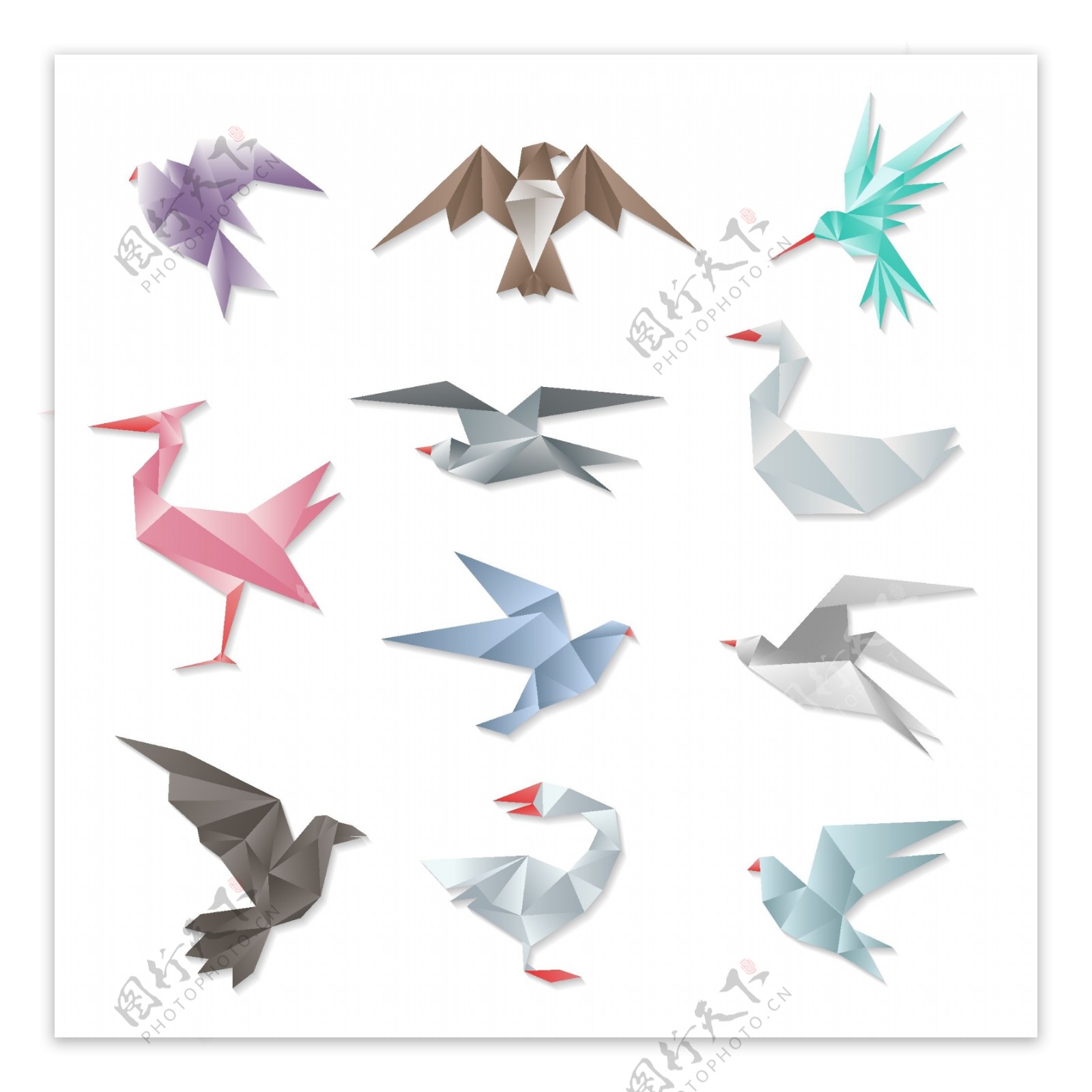 彩色折纸鸟类矢量