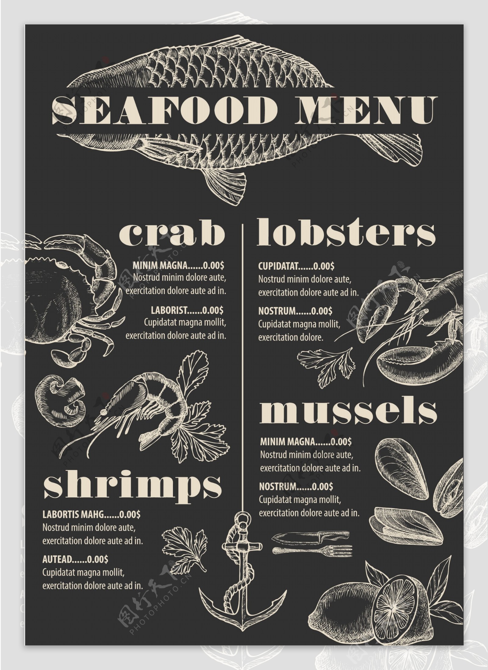 海鲜手绘风格厨房食物清单矢量素材