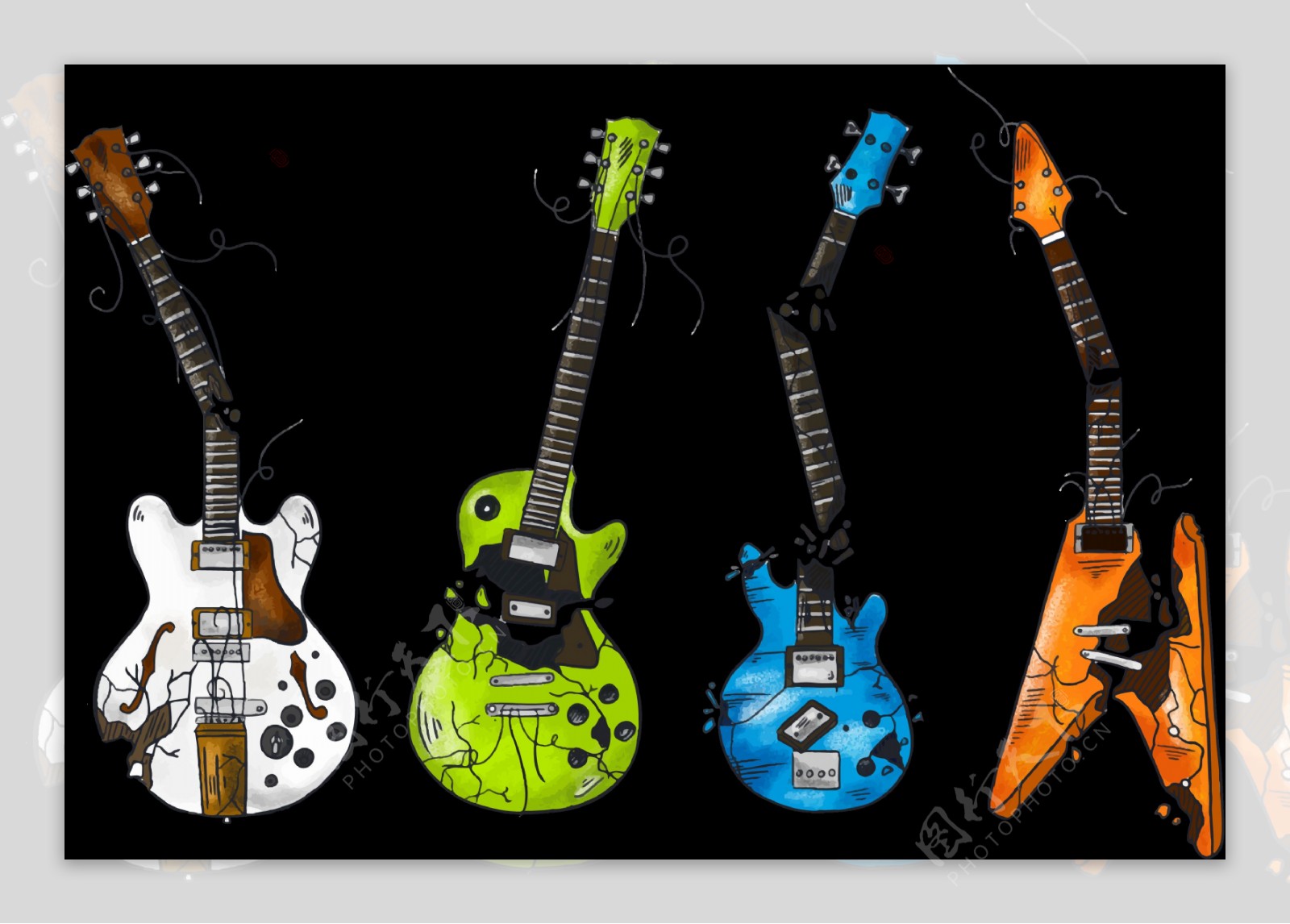 彩色折断的吉他插图免抠png透明图层素材