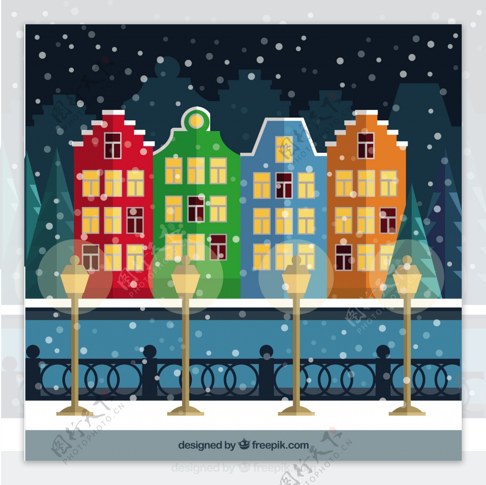 多雪的城市有彩色房屋插图