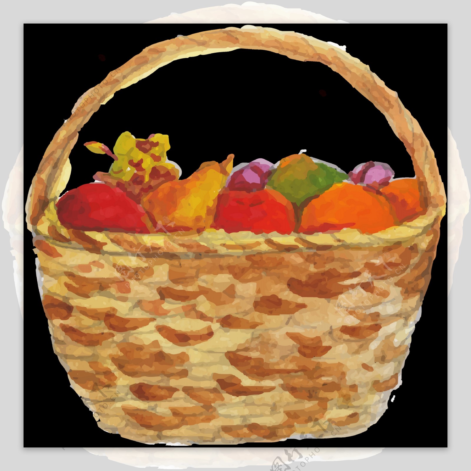 手绘装满水果的竹篮免抠png透明图层素材