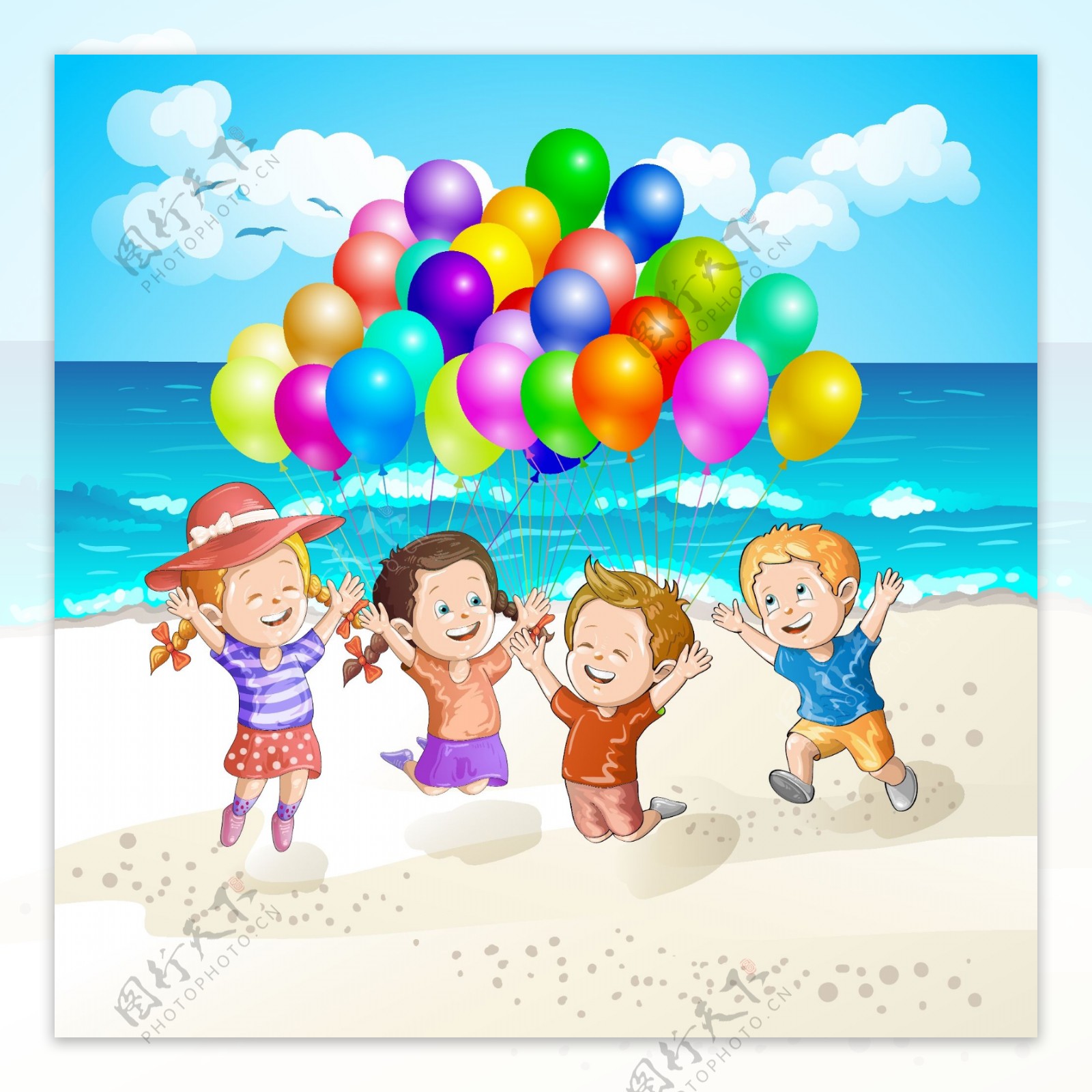 海滩玩气球的孩子矢量素材