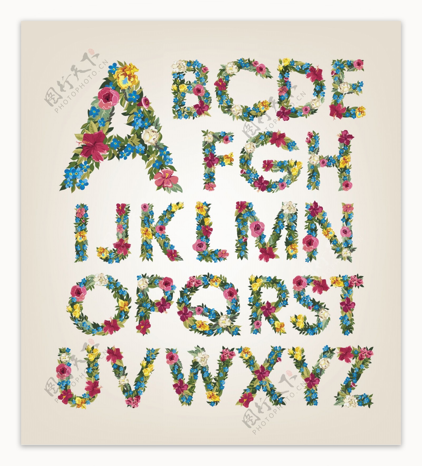 彩色花朵字母艺术字体矢量素材