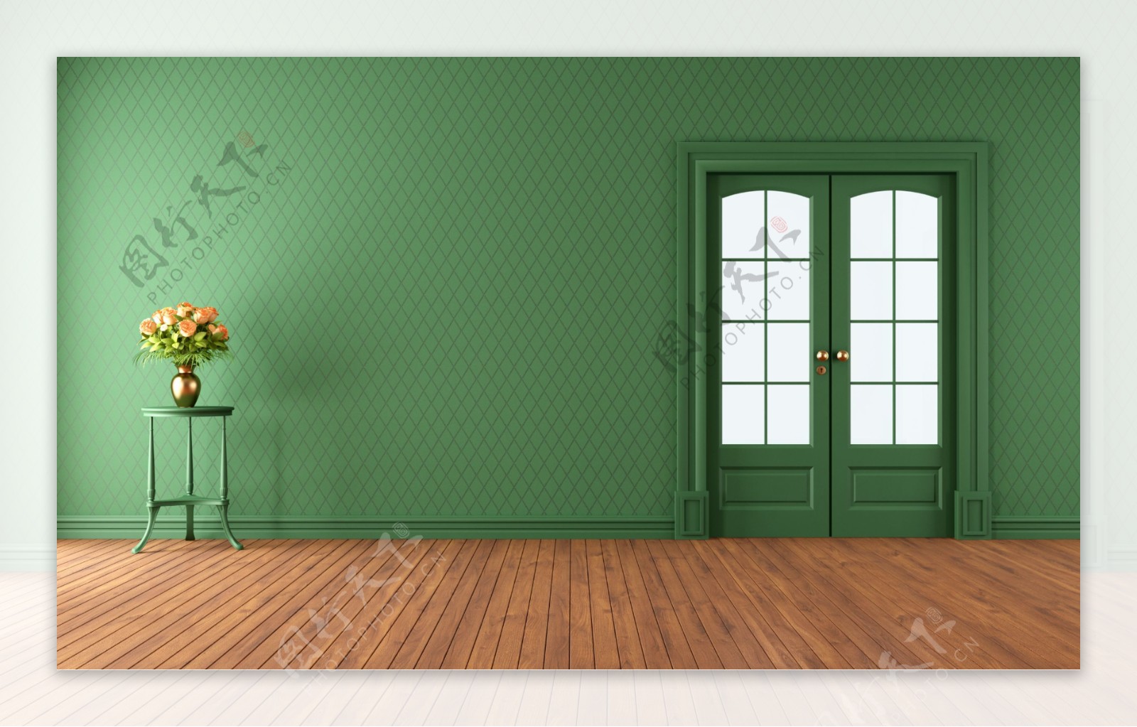 绿色门与花瓶图片