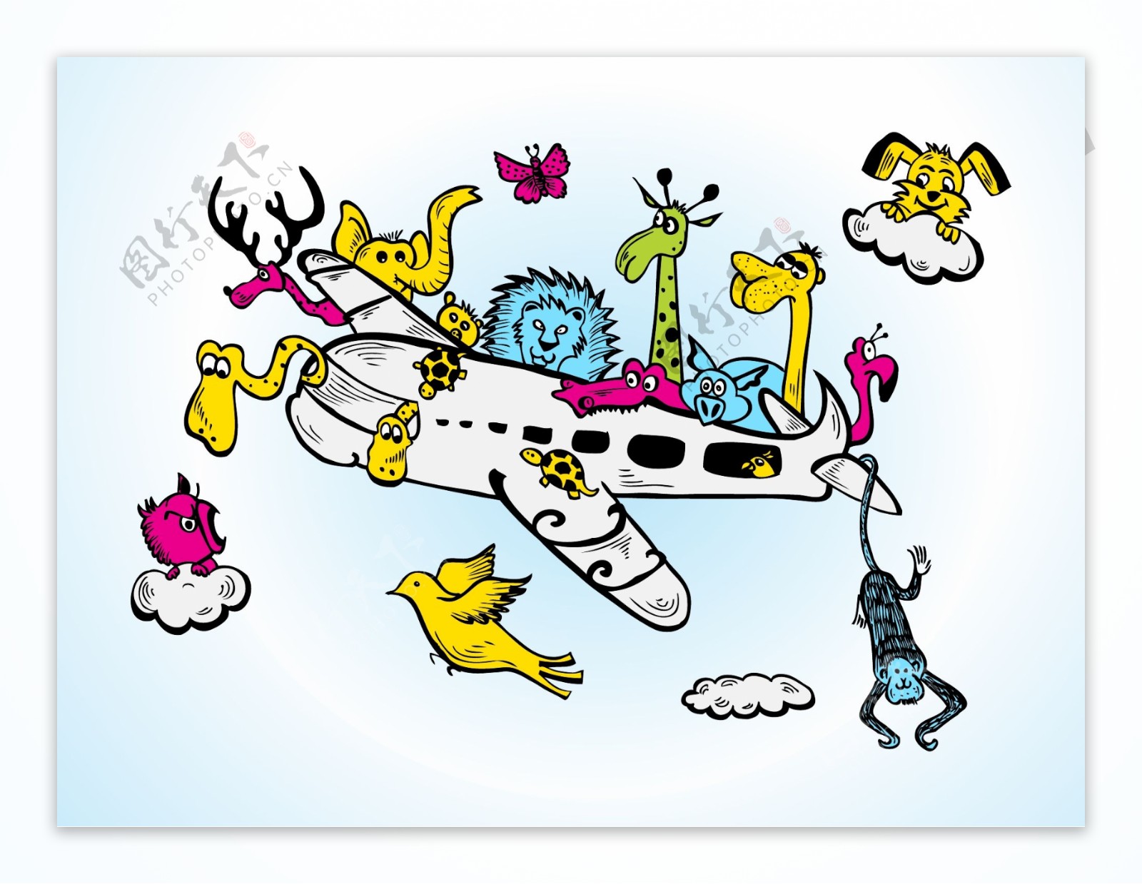手绘可爱动物飞机插画