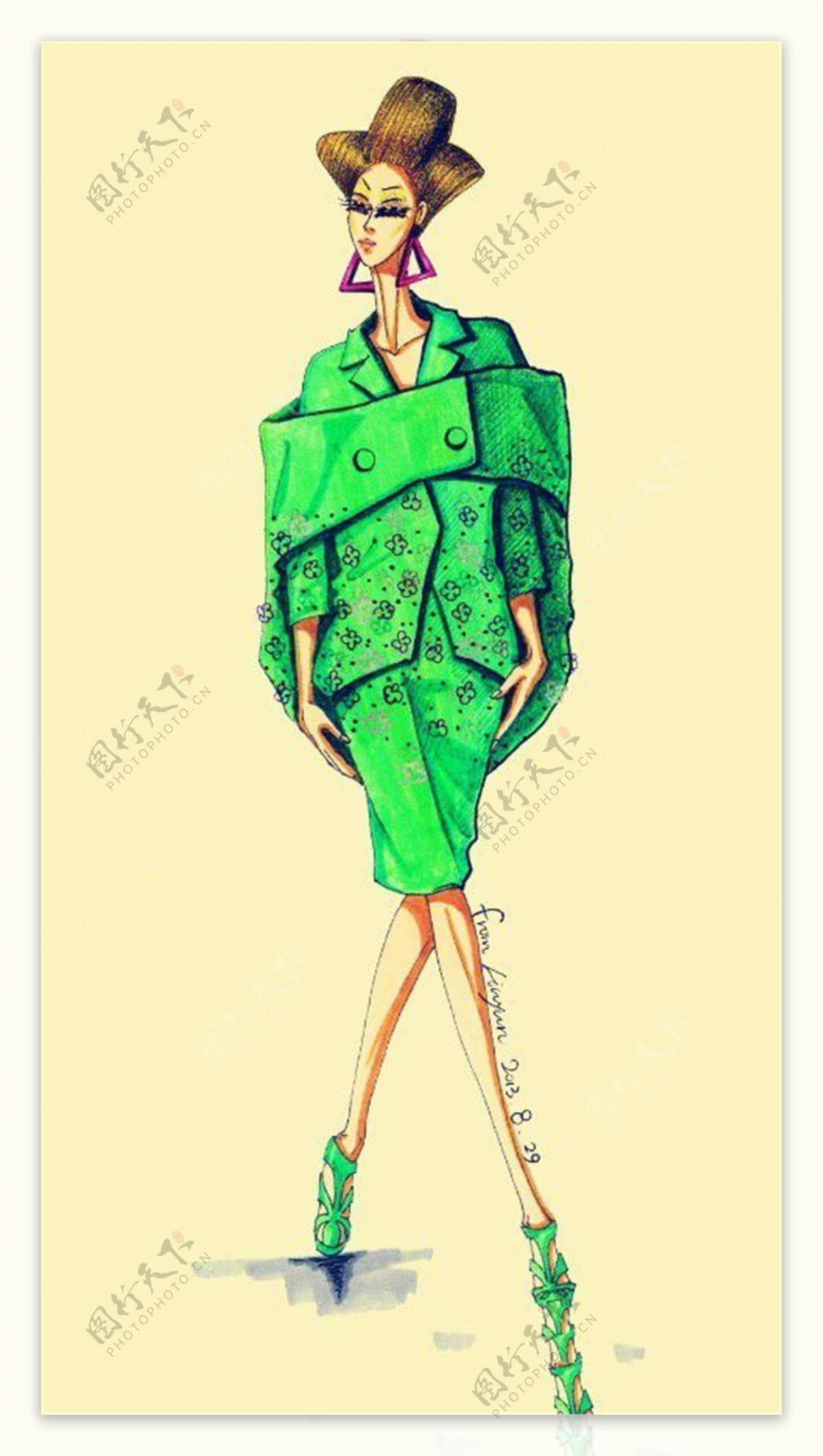 绿色花纹套裙设计图