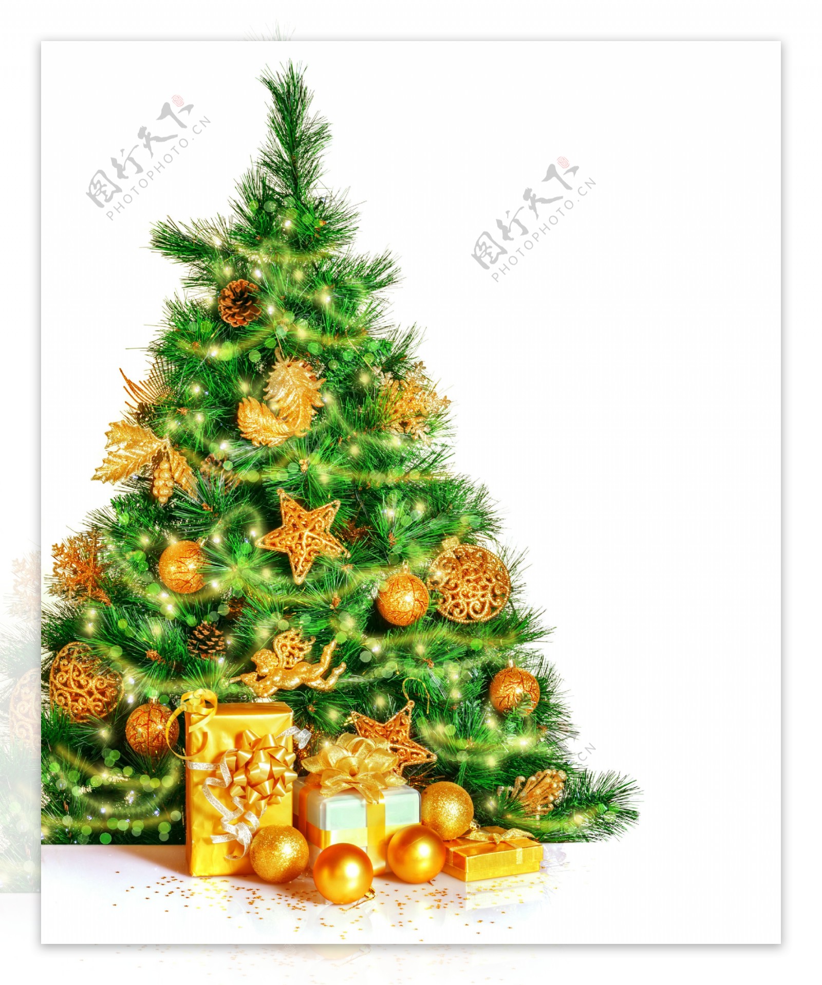 圣诞树和金色礼盒图片