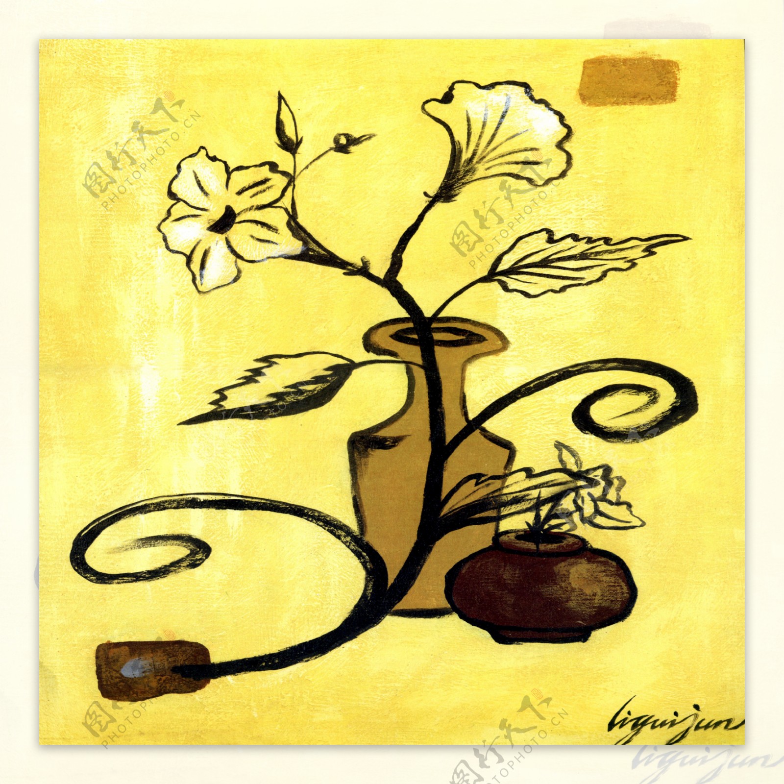 黄色背景下的手绘植物图片