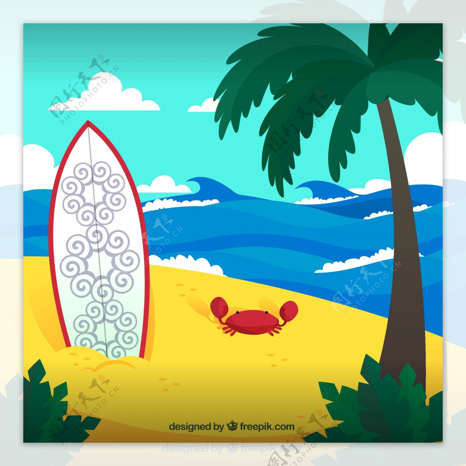 创意沙滩冲浪板插画