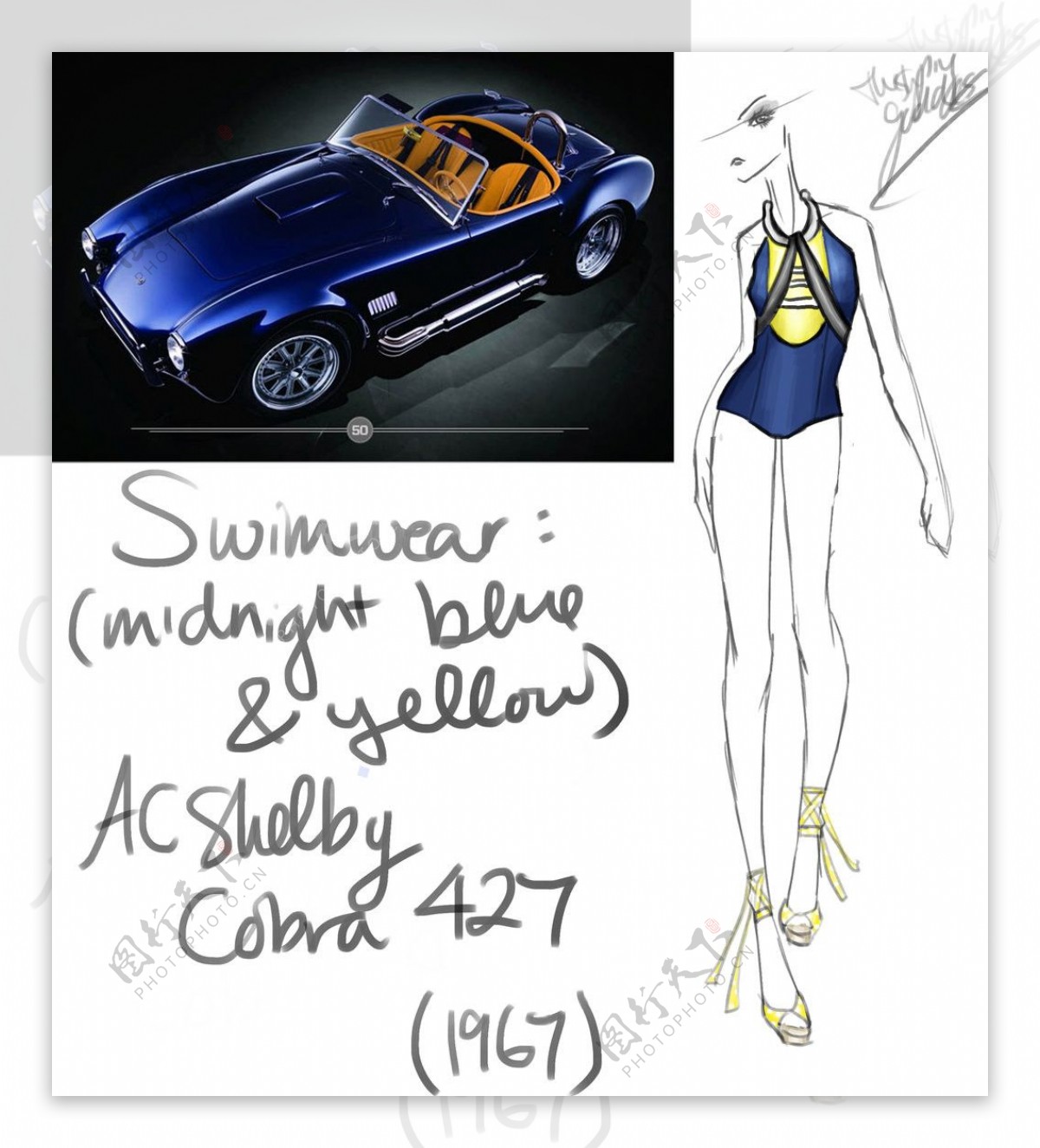蓝色跑车与性感连体女装设计图