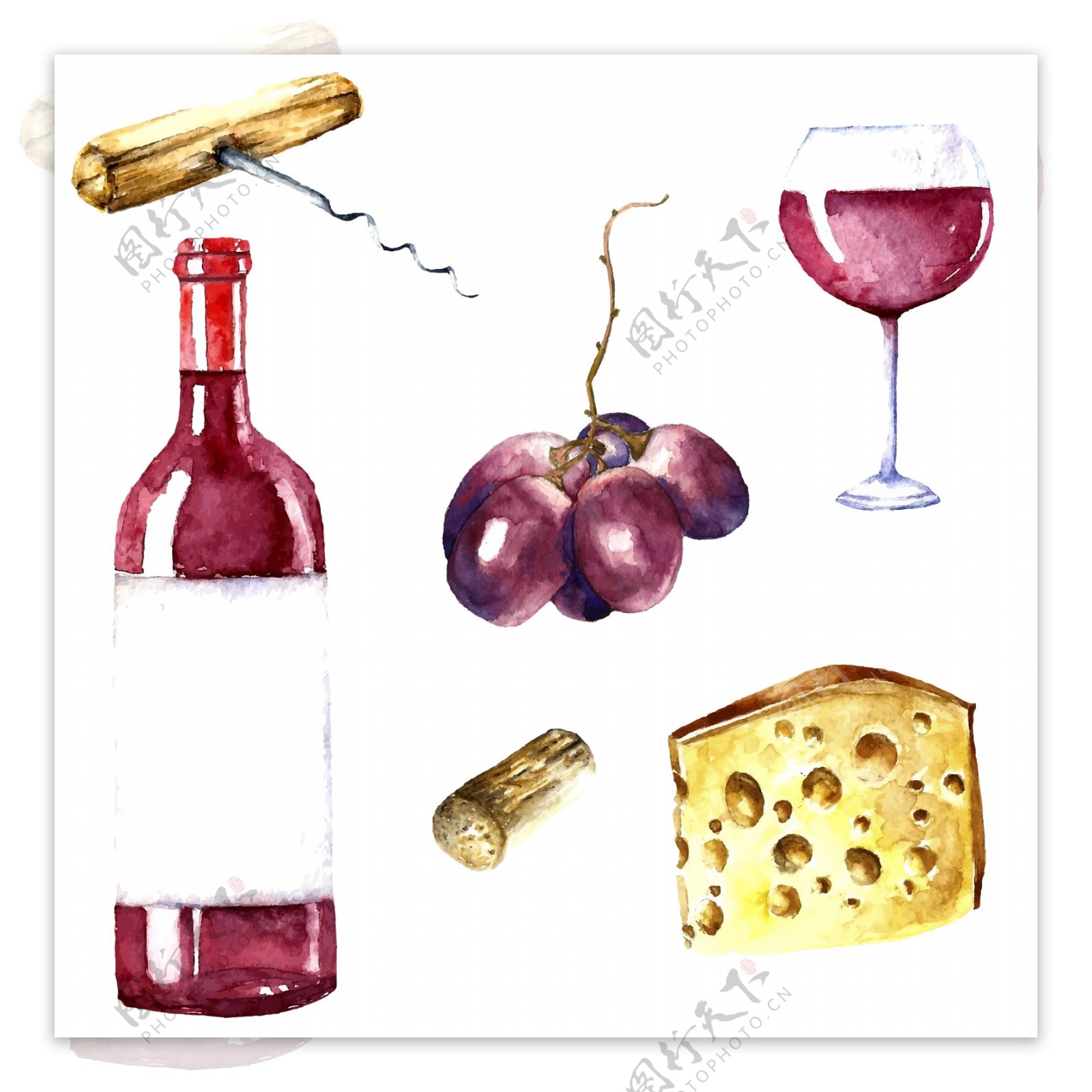 葡萄酒素描手绘水果食物矢量图