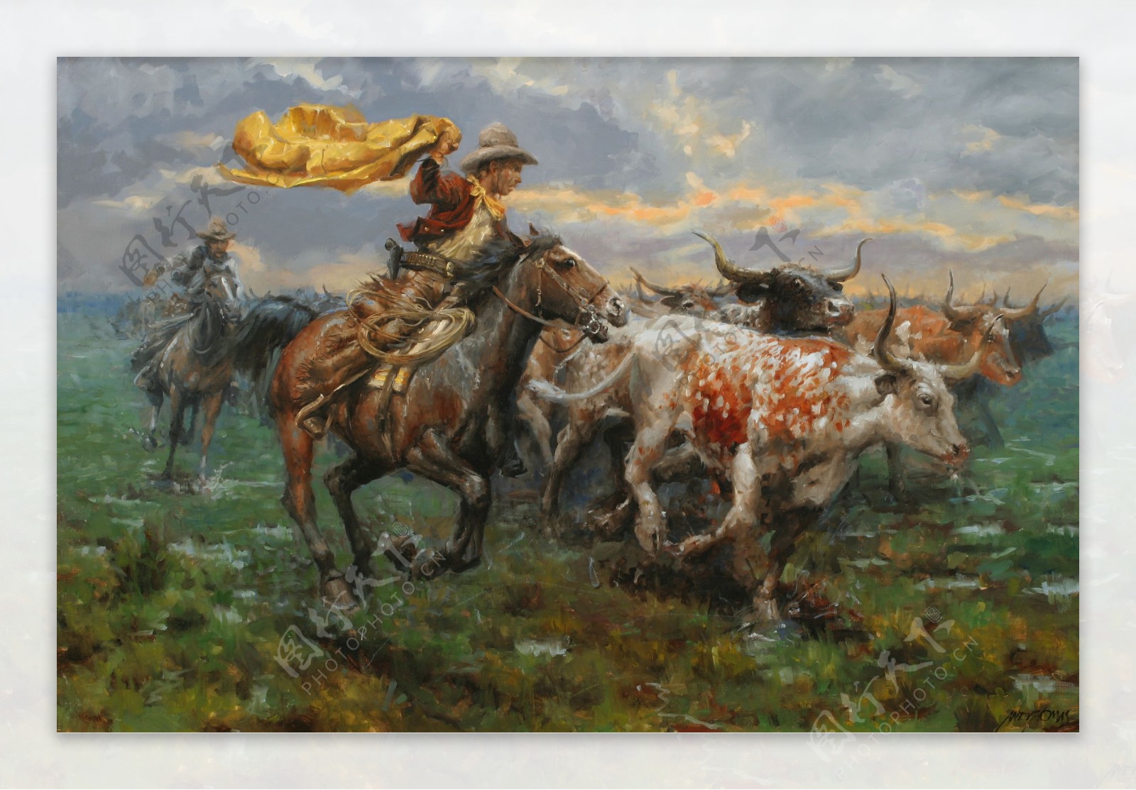草原上奔跑的牛仔男人油画图片