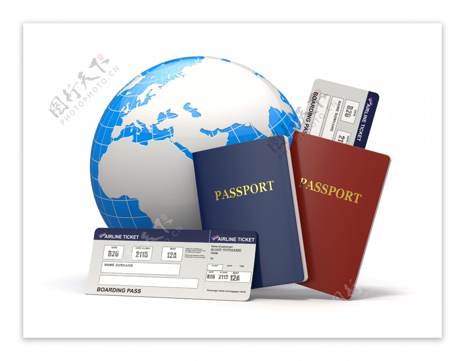 地球与护照和信用卡图片