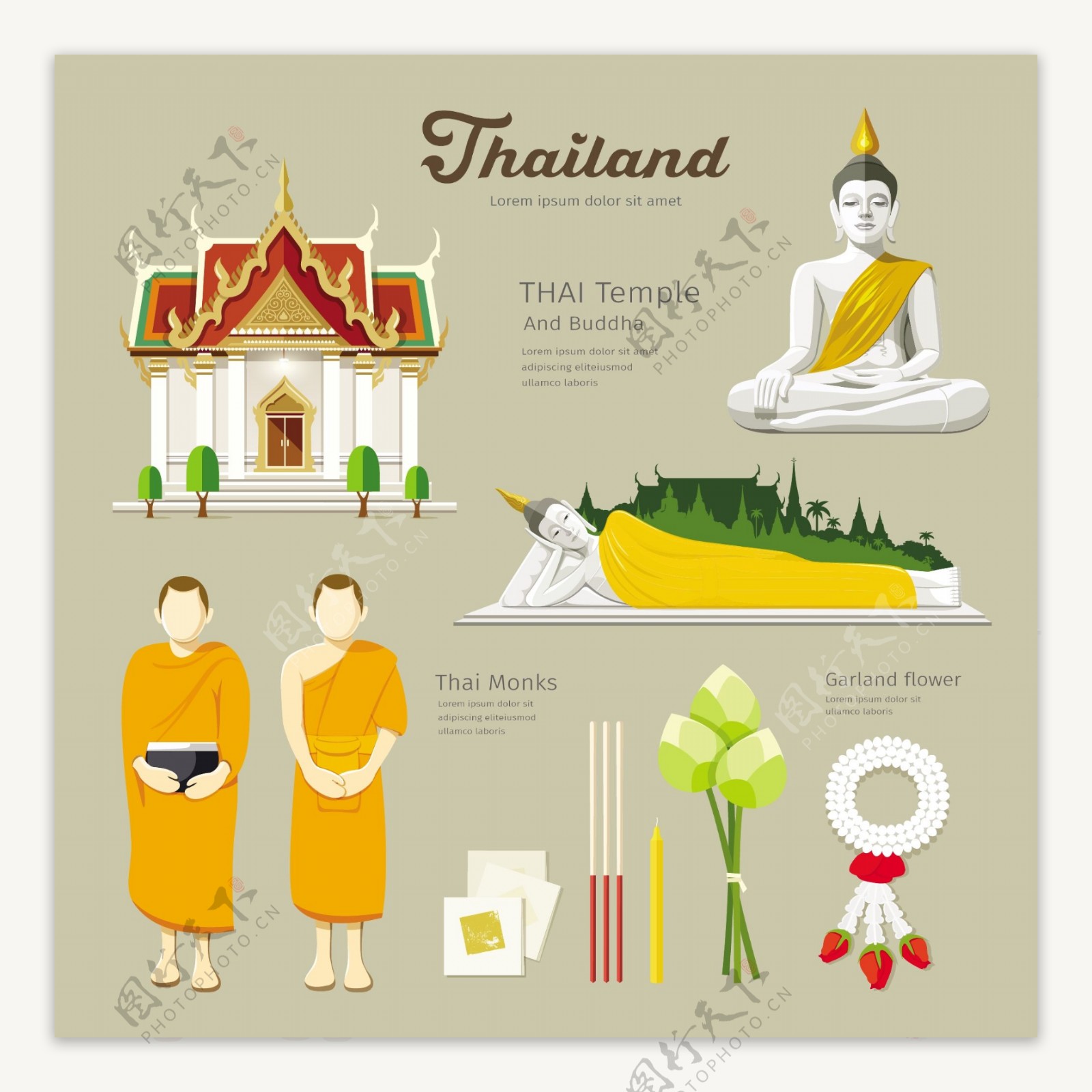 泰国僧人旅游场景海报元素矢量素材