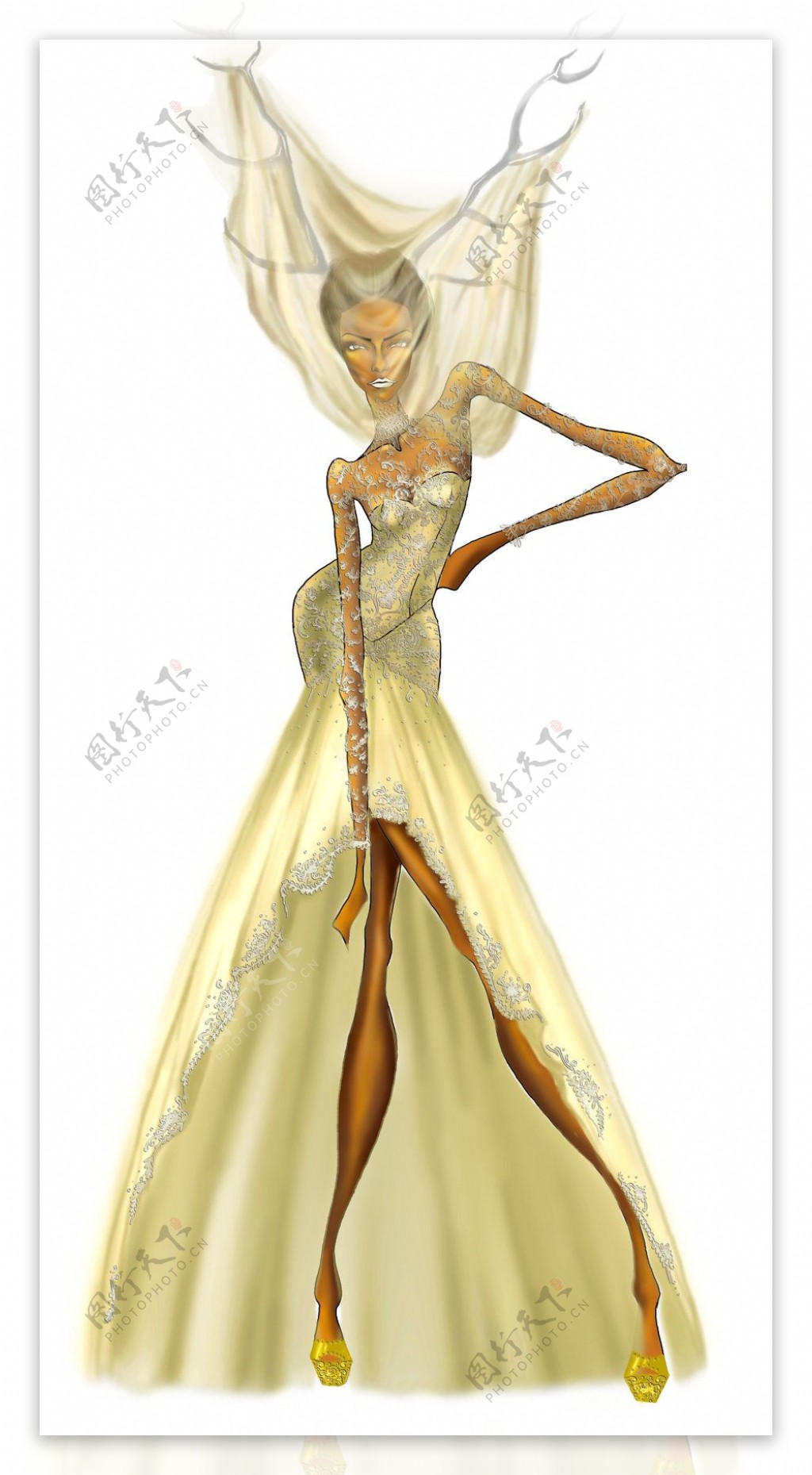 金色开叉长裙设计图