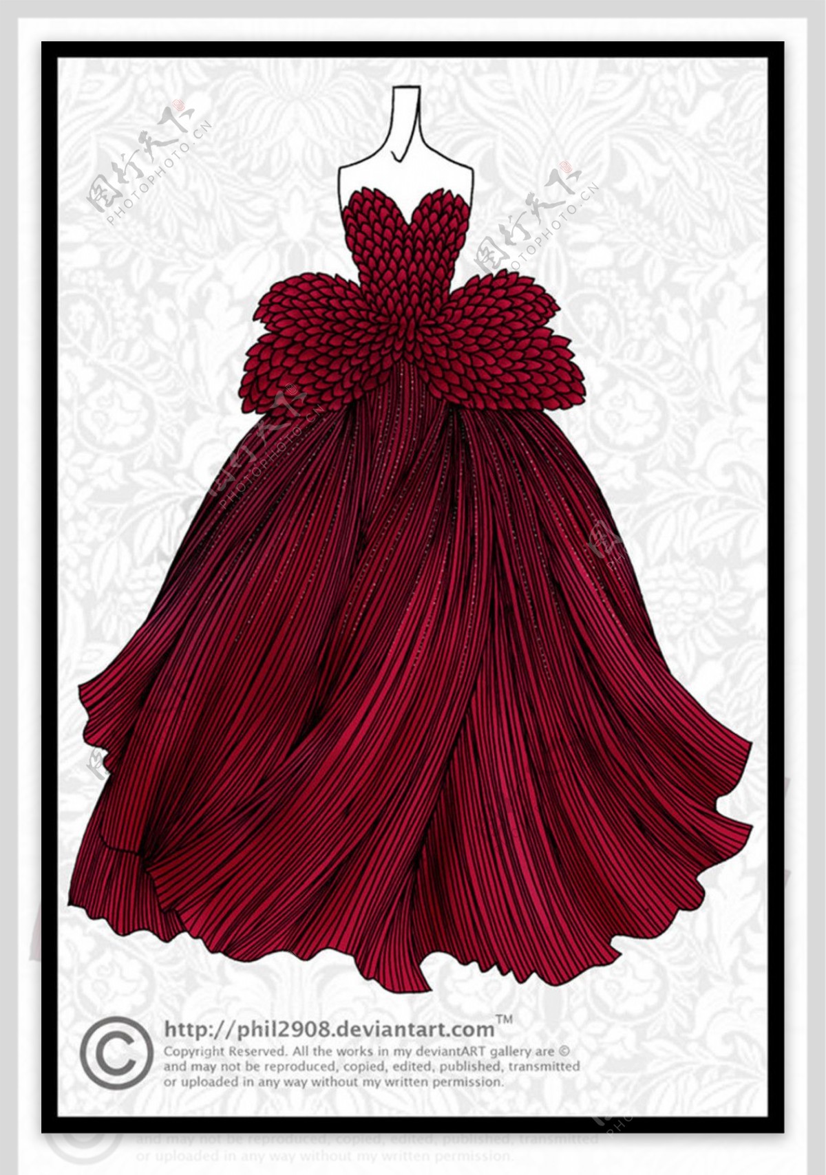 红色蝴蝶结长裙礼服设计图
